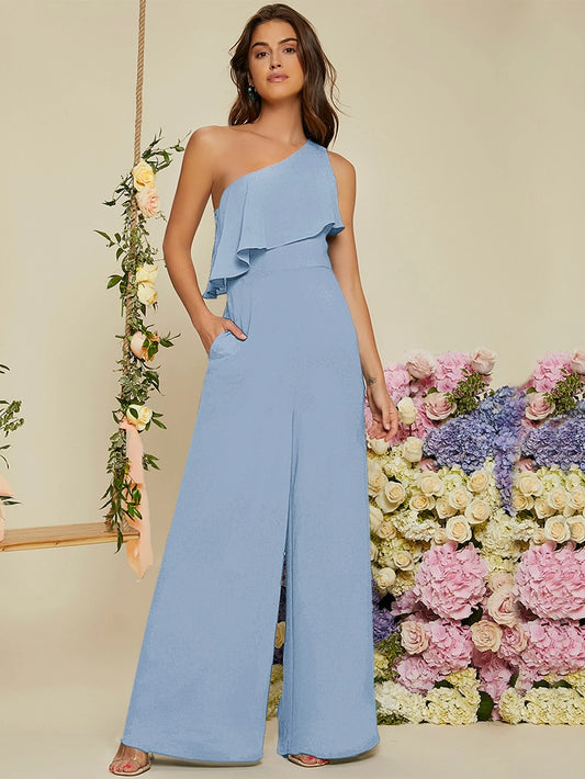 Belle One Shoulder Ruffle Trim Wide Leg Jumpsuit