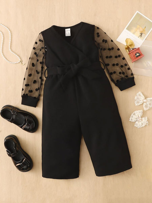 Baby Girl Polka Dot Mesh Insert Belted Jumpsuit