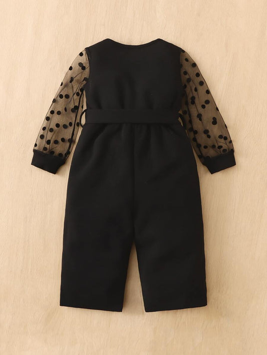 Baby Girl Polka Dot Mesh Insert Belted Jumpsuit