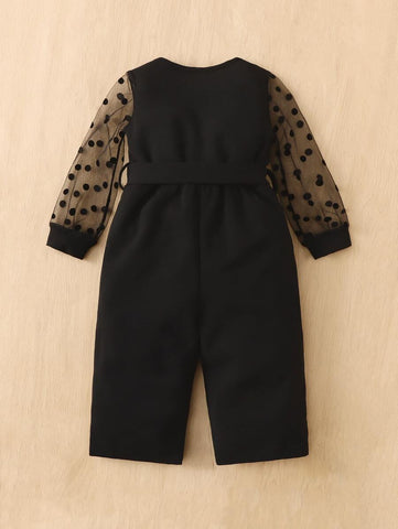 Baby Girl Polka Dot Mesh Insert Belted Jumpsuit Baby Girl Polka Dot Mesh Insert Belted Jumpsuit