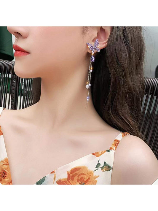 1pair Sweet And Fairy Butterfly Shaped Ear Cuff With Tassel And Faux Pearl Decor