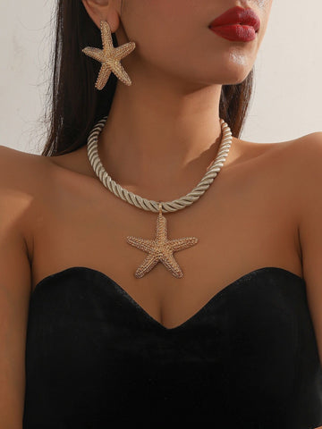 1 set of 3 pieces simple fashion starfish pendant necklace marine style exaggerated earrings 1 set of 3 pieces simple fashion starfish pendant necklace marine style exaggerated earrings