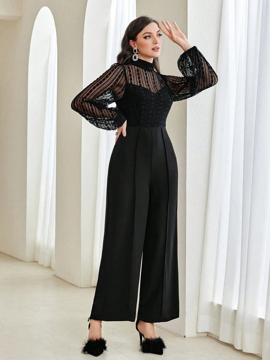 Modelyn Contrast Mesh Mock Neck Lantern Sleeve Wide Leg Jumpsuit