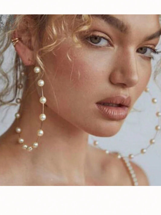 1pair New Style Large Circle Creative Vintage Faux Pearl Hoop Earrings