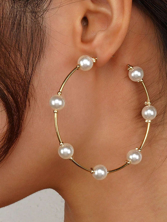 1pair New Style Large Circle Creative Vintage Faux Pearl Hoop Earrings