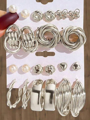 11pairs/Set Faux Pearl & Heart Decor Earrings 11pairs/Set Faux Pearl & Heart Decor Earrings