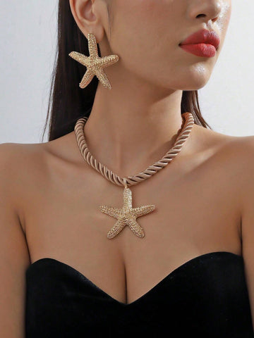 1 set of 3 pieces simple fashion starfish pendant necklace marine style exaggerated earrings 1 set of 3 pieces simple fashion starfish pendant necklace marine style exaggerated earrings