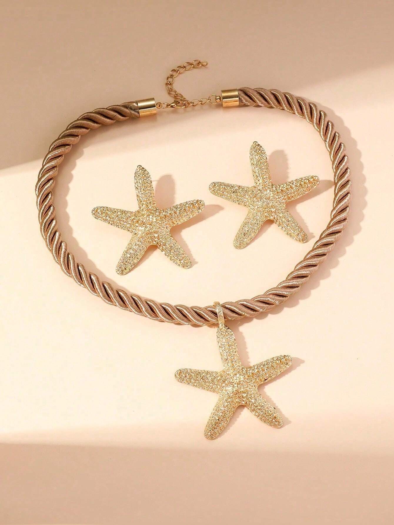 1 set of 3 pieces simple fashion starfish pendant necklace marine style exaggerated earrings 1 set of 3 pieces simple fashion starfish pendant necklace marine style exaggerated earrings