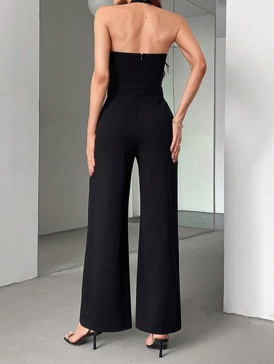 Color Block Patchwork Loose Commuting Simple Wide-Leg Jumpsuit
