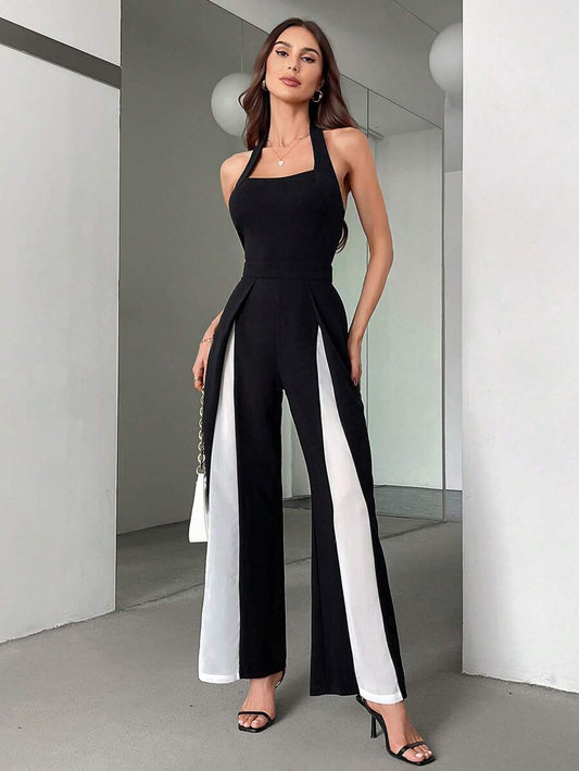 Color Block Patchwork Loose Commuting Simple Wide-Leg Jumpsuit