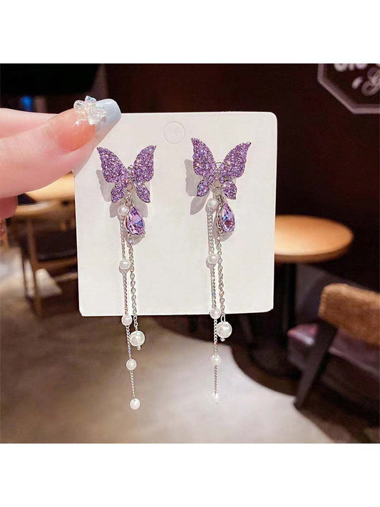 1pair Sweet And Fairy Butterfly Shaped Ear Cuff With Tassel And Faux Pearl Decor