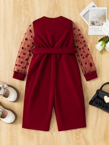 Baby Girl Polka Dot Mesh Insert Belted Jumpsuit Baby Girl Polka Dot Mesh Insert Belted Jumpsuit
