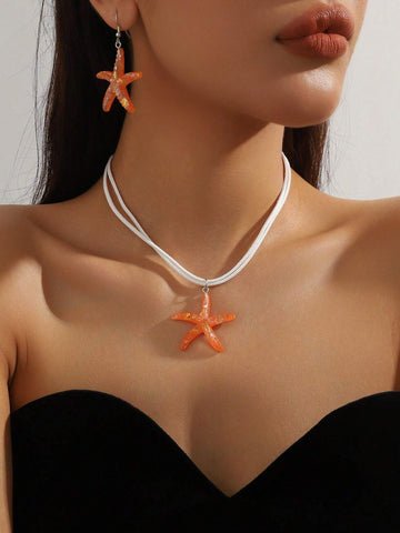 1 set of 3 pieces simple fashion starfish pendant necklace marine style exaggerated earrings 1 set of 3 pieces simple fashion starfish pendant necklace marine style exaggerated earrings