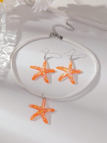 1 set of 3 pieces simple fashion starfish pendant necklace marine style exaggerated earrings 1 set of 3 pieces simple fashion starfish pendant necklace marine style exaggerated earrings