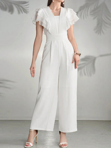 Modelyn Women Solid Color Mesh Panel Casual Jumpsuit Modelyn Women Solid Color Mesh Panel Casual Jumpsuit