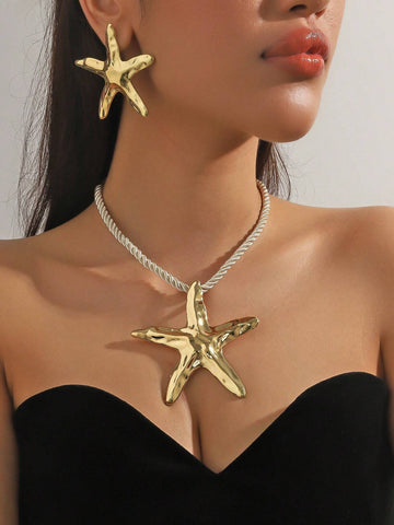 1 set of 3 pieces simple fashion starfish pendant necklace marine style exaggerated earrings 1 set of 3 pieces simple fashion starfish pendant necklace marine style exaggerated earrings