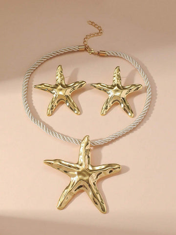 1 set of 3 pieces simple fashion starfish pendant necklace marine style exaggerated earrings 1 set of 3 pieces simple fashion starfish pendant necklace marine style exaggerated earrings
