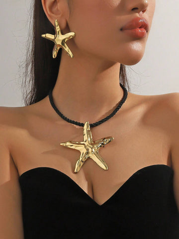 1 set of 3 pieces simple fashion starfish pendant necklace marine style exaggerated earrings 1 set of 3 pieces simple fashion starfish pendant necklace marine style exaggerated earrings