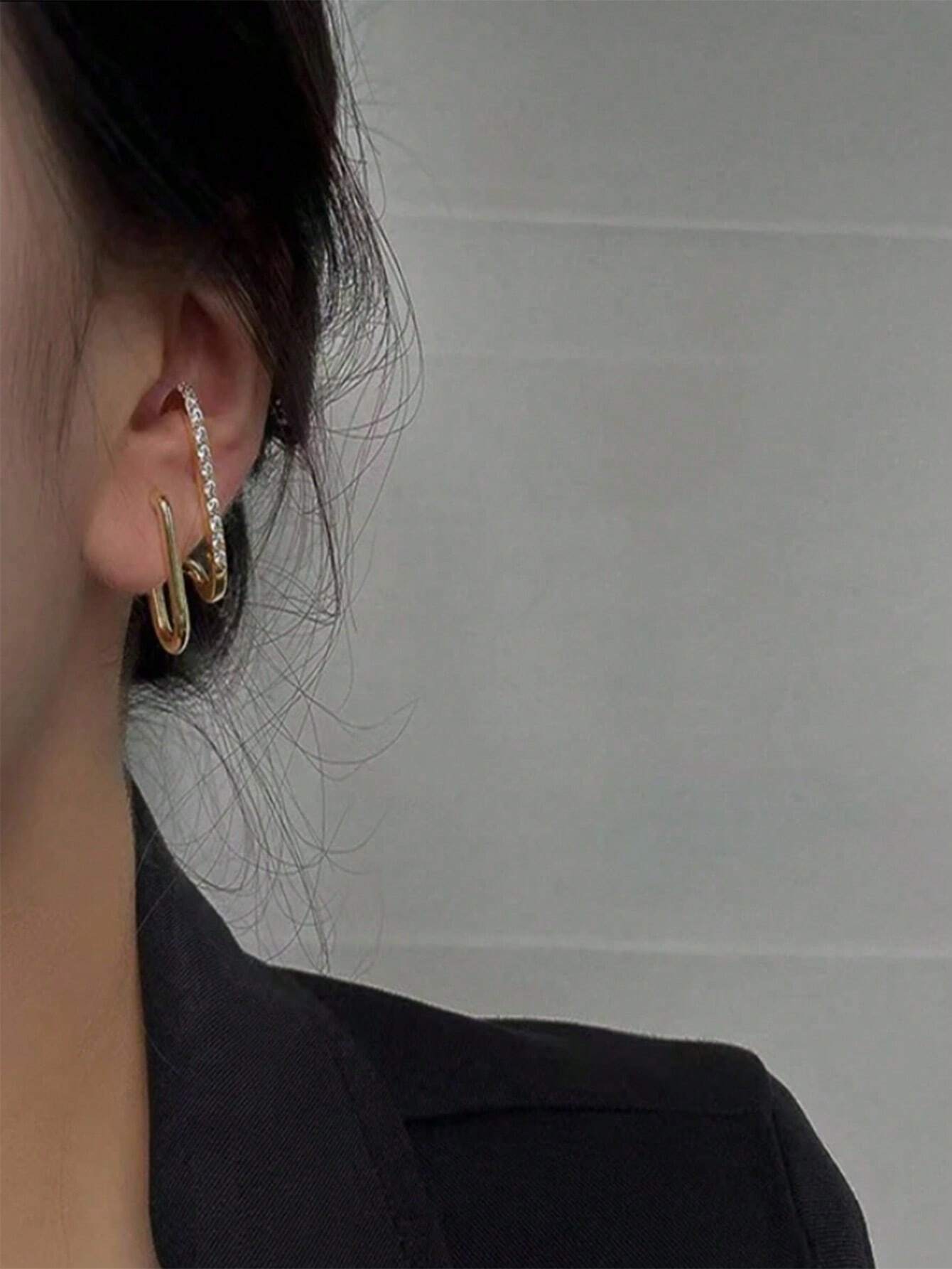 1pair Fashionable Double Row Vertical Bar & Geometric Shape Rhinestone Inlay Stud Earrings 1pair Fashionable Double Row Vertical Bar & Geometric Shape Rhinestone Inlay Stud Earrings