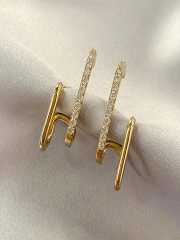 1pair Fashionable Double Row Vertical Bar & Geometric Shape Rhinestone Inlay Stud Earrings 1pair Fashionable Double Row Vertical Bar & Geometric Shape Rhinestone Inlay Stud Earrings