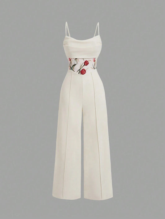 Women's Spaghetti Strap Ruched Waist Floral Jacquard Apricot Jumpsuit