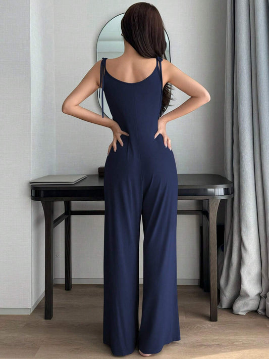 DAZY Women's Solid Color Simple Casual Straight Knitted Drawstring Jumpsuit