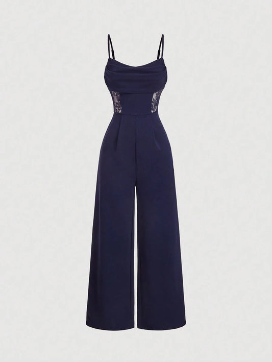 Retro Lace Hollow Out , Wide Leg Jumpsuit