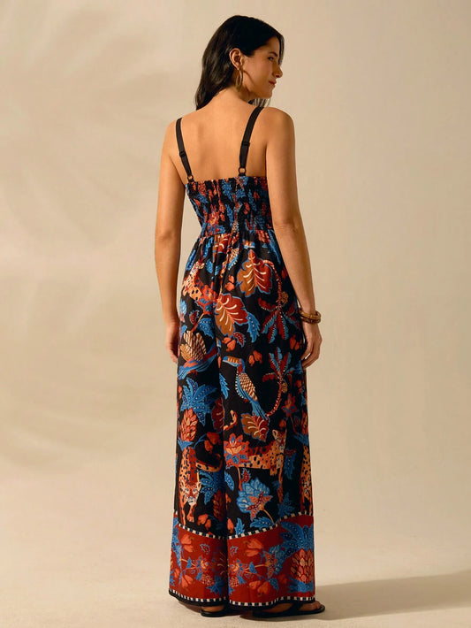 Women's Boho Leopard, Pineapple, Tropical Flora And Fauna Print, Sleeveless Black Long Jumpsuit