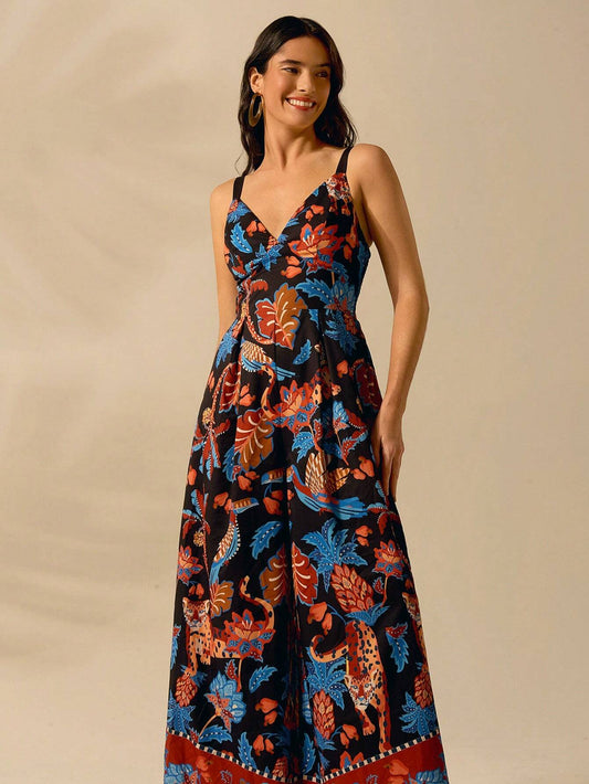 Women's Boho Leopard, Pineapple, Tropical Flora And Fauna Print, Sleeveless Black Long Jumpsuit