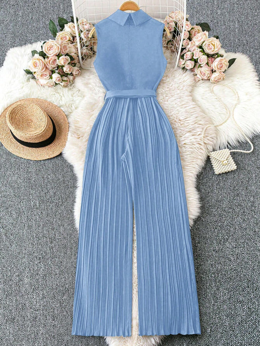 Franclia 1set Apple Collar Sleeveless Waist Belt Pleated Jumpsuit With Straight Leg Pants