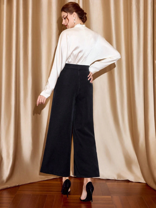 Elegant Women's Jumpsuit V-Neck Long Sleeve Ruched Splice Colorblock Satin