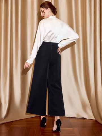 Elegant Women's Jumpsuit V-Neck Long Sleeve Ruched Splice Colorblock Satin Elegant Women's Jumpsuit V-Neck Long Sleeve Ruched Splice Colorblock Satin