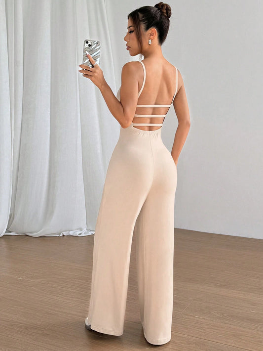 Flirla Solid Color Open Back Camisole Romper