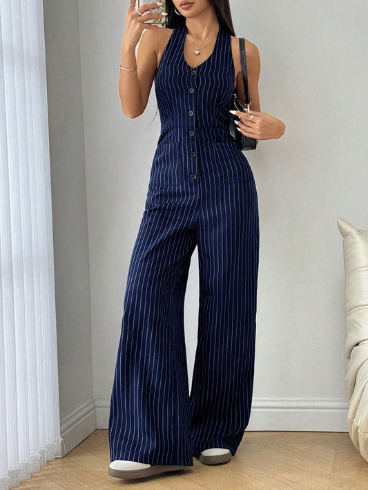 Flirla Striped Print Backless Button Up Casual Sleeveless Jumpsuit