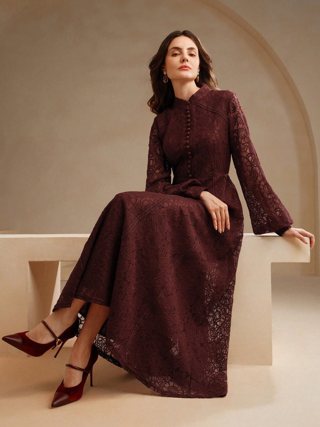 Anewsta Women's Long Sleeve Lace Burgundy Dress Maxi Women Outfit topshopscrew Anewsta Women's Long Sleeve Lace Burgundy Dress Maxi Women Outfit topshopscrew