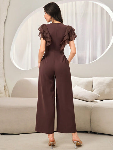 Modelyn Women Solid Color Mesh Panel Casual Jumpsuit Modelyn Women Solid Color Mesh Panel Casual Jumpsuit