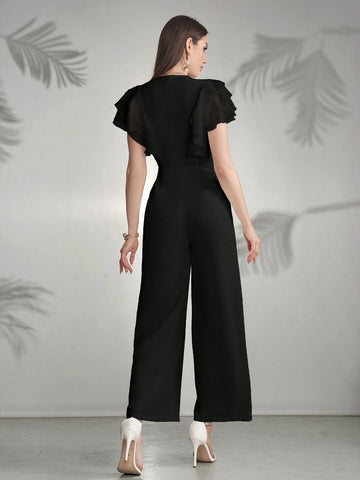 Modelyn Women Solid Color Mesh Panel Casual Jumpsuit Modelyn Women Solid Color Mesh Panel Casual Jumpsuit