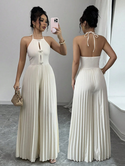 Privé Elegant Halter Tie Front Cut-Out Metal Rhinestone Bow Pleated Wide Leg Jumpsuit