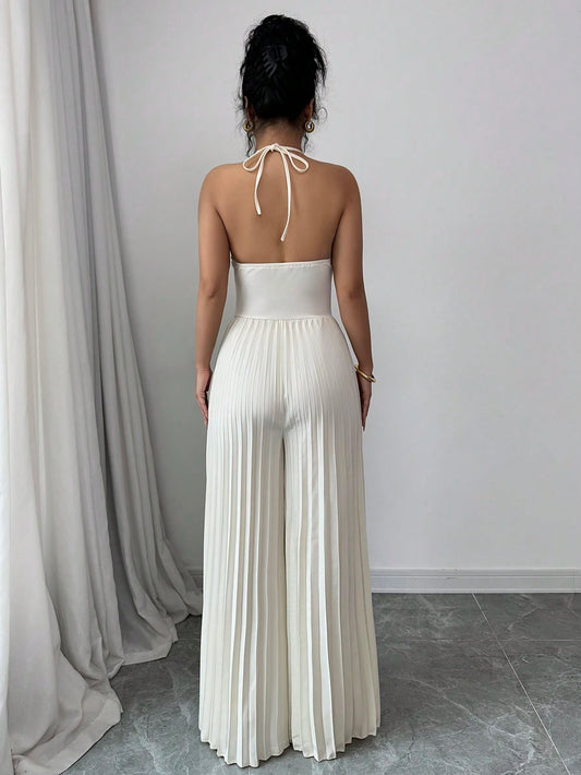 Privé Elegant Halter Tie Front Cut-Out Metal Rhinestone Bow Pleated Wide Leg Jumpsuit