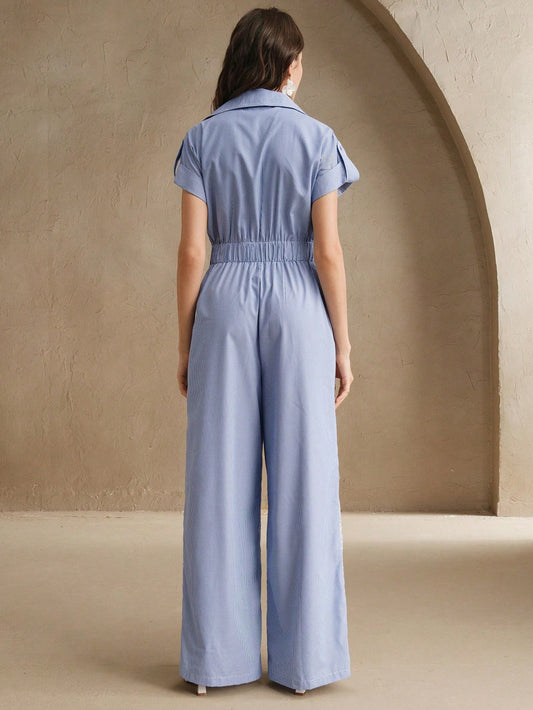 Women's Elegant Vacation Blue Lace Hollow Out Waist Belt Pocket Straight Jumpsuit