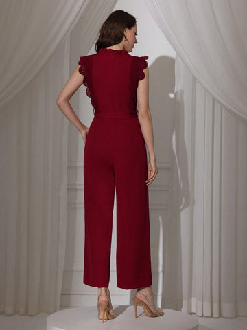 Modelyn Women Solid Color Lace Patchwork Sleeveless Sashes Straight Leg Jumpsuit Modelyn Women Solid Color Lace Patchwork Sleeveless Sashes Straight Leg Jumpsuit