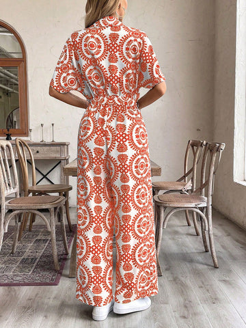 LUNE Women's Holiday Leisure Full Allover Print Wide-Leg Jumpsuit LUNE Women's Holiday Leisure Full Allover Print Wide-Leg Jumpsuit