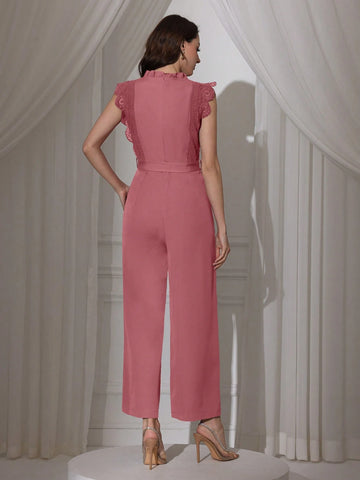 Modelyn Women Solid Color Lace Patchwork Sleeveless Sashes Straight Leg Jumpsuit Modelyn Women Solid Color Lace Patchwork Sleeveless Sashes Straight Leg Jumpsuit