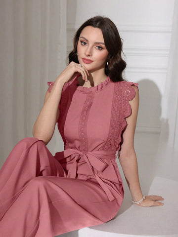 Modelyn Women Solid Color Lace Patchwork Sleeveless Sashes Straight Leg Jumpsuit Modelyn Women Solid Color Lace Patchwork Sleeveless Sashes Straight Leg Jumpsuit