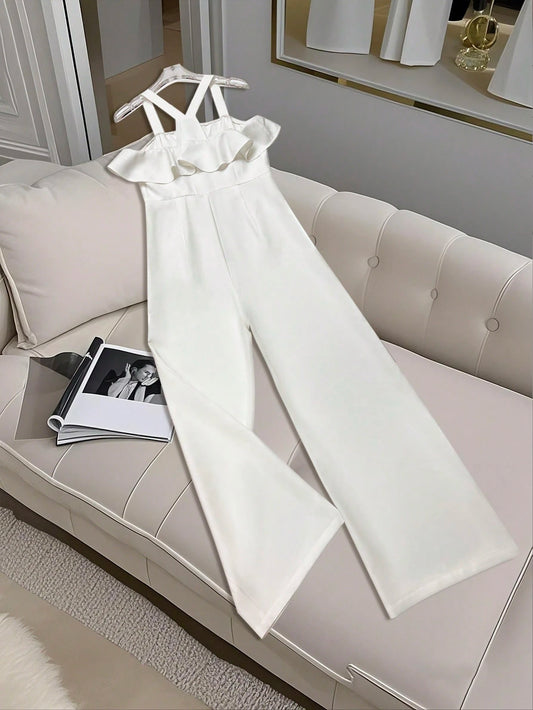 French Style Elegant Ruffled Patchwork Slim Fit Women Jumpsuit