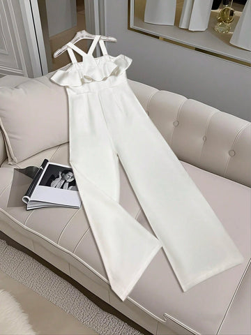 French Style Elegant Ruffled Patchwork Slim Fit Women Jumpsuit French Style Elegant Ruffled Patchwork Slim Fit Women Jumpsuit