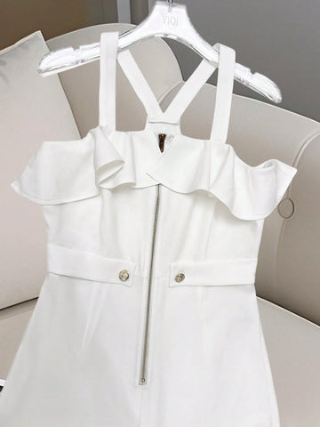 French Style Elegant Ruffled Patchwork Slim Fit Women Jumpsuit French Style Elegant Ruffled Patchwork Slim Fit Women Jumpsuit