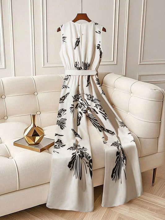 Elegant Fashion Leaf Printed High Waist Sleeveless Flared Pants