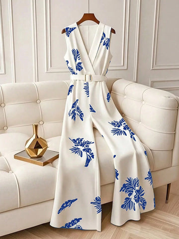 Elegant Fashion Leaf Printed High Waist Sleeveless Flared Pants Elegant Fashion Leaf Printed High Waist Sleeveless Flared Pants