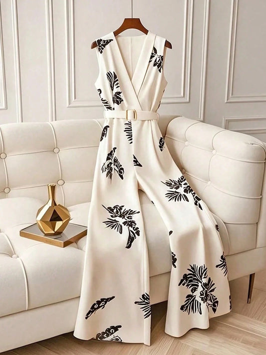 Elegant Fashion Leaf Printed High Waist Sleeveless Flared Pants